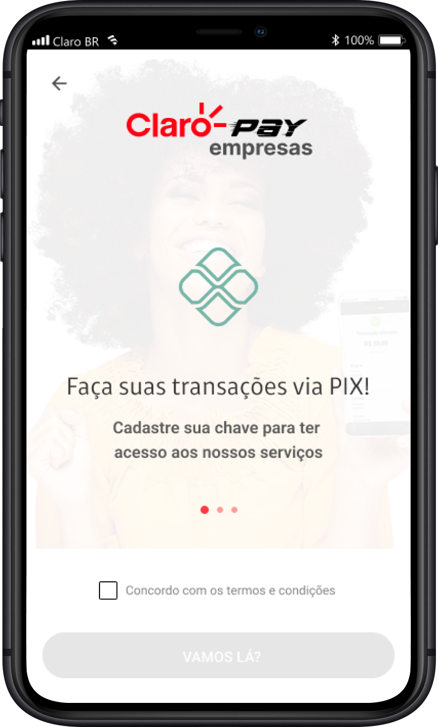Tela de boas-vindas do onboarding Claro Pay Empresas
