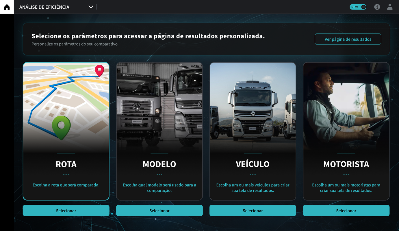 Tela de seleção de parâmetros do comparativo — Rota, Modelo, Veículo, Motorista